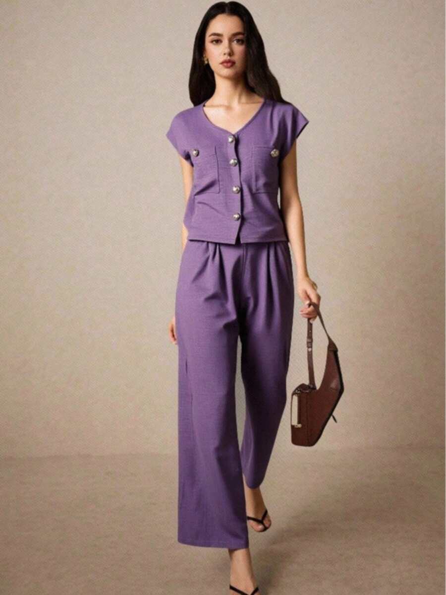 conjunto dos piezas PANTALON  Liso    Casual    Botón delantero  Bolsillo  Botón    Oficina - Lila Púrpura - Ver 1