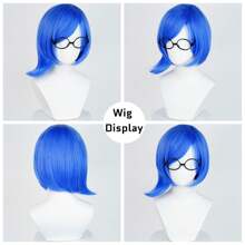 Blue Sadness Wigs With Black Glasses Frames Girls Blue Bob Wig Anime Women Heat Resistant Synthetic Cosplay Costume Party Wig - Blue - View 2