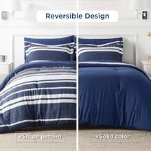 Queen Comforter Set 7 Pieces, Navy Striped Bedding Set For Queen Size Bed Reversible, Cationic Dyeing Bed In A Bag With Comforter, Sheets, Pillowcases & Shams - 亮橙色 - 查看 2