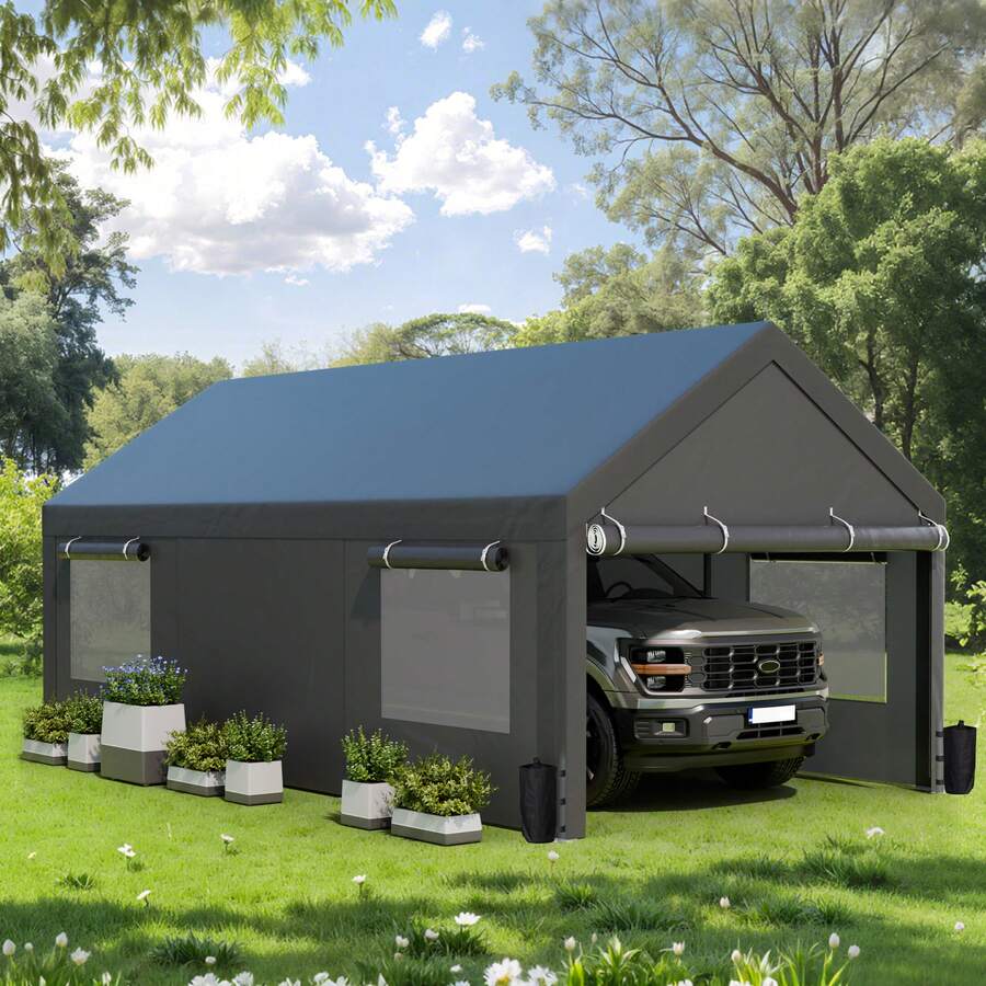 JAMFLY Carport Heavy Duty Car Canopy Garage With Roll-Up Ventilation Windows & Doors, Removable Sidewalls Portable Carport Canopy Waterproof For Cars, Boats, Trucks - Grey - View 1
