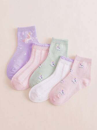 5 paires de chaussettes décontractées polyvalentes mignons roses et violettes à motif licorne pour filles