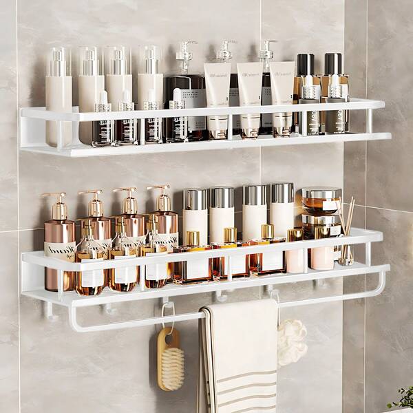devesanter Duschablage, kein Bohren erforderlich, 2er-Pack, 60 cm Badezimmerregal, Dusche Shampoo Aufbewahrung mit Handtuchstange und 6 Haken für Schlafzimmer, Wohnzimmer und Küche, Badorganizer (Schwarz, Grau, Weiß) Schulanfang