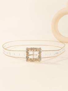 1pc Square Rhinestone Buckle Transparent Beaded Edged Fashionable Versatile Women's Dress Belt, Minimalist Design For Everyday Use