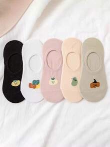 5 Pares (Cores Aleatórias) Meias Invisíveis de Silicone Respiráveis Estilo Japonês com Desenhos de Vegetais de Verão, Meias Finas e Baixas Doces para Mulheres