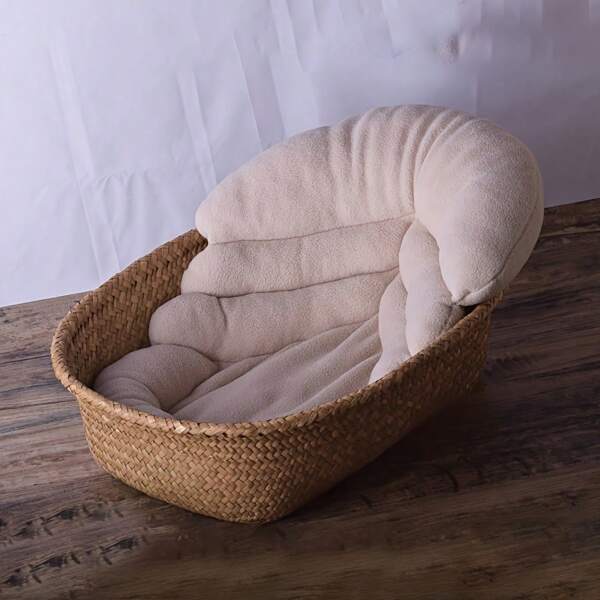 Rekwisieten voor pasgeboren fotografie - Geschikt voor alle geslachten Beige bladvormige deken en mini ronde pose-ondersteuningskussen, zachte pluche en ademende mand als achtergrondmat voor babyfotoshoot