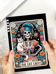 1 件 A5 猫塔罗牌螺旋笔记本 - 120 页横线内页，PP 封面采用哥特式女巫设计，带有骷髅和猫，黑白格纹连衣裙线日记本，学生课堂记事本，适合返校季、新学期、办公用品