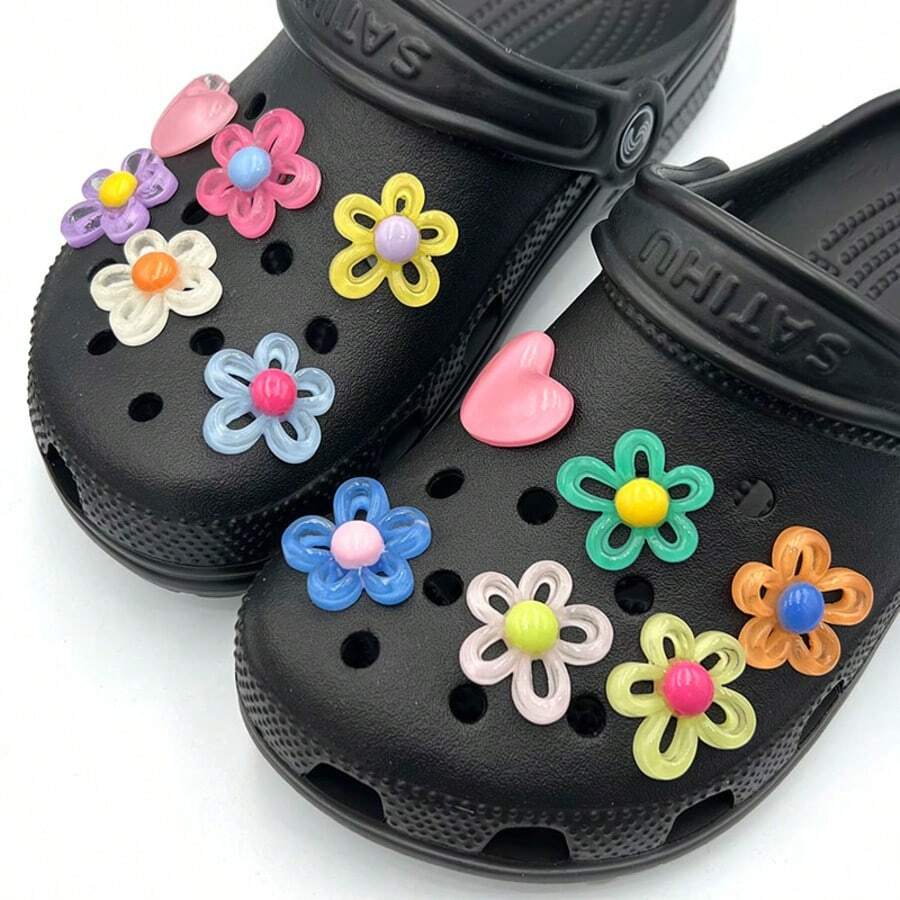 12pcs Transparent Jelly Ventilated Shoe Charms | Flower & Heart Shaped, Plastic Material, Cute DIY Accessories For All Style Shoes - Shoe Buckle Set-12pcs - View 1