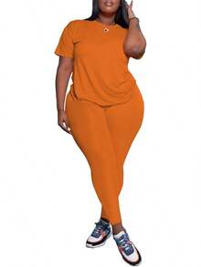 Women's Plus Size 2 Piece Outfits Tracksuits Short Sve Top Pants Sets Sweatsuits - 橘色 - 查看 3