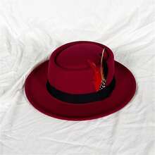 Men Fedora Hat With Feather Wool Felt Cap Top Hat For Daily Stages Costume Accessories - đỏ san hô - Xem 2