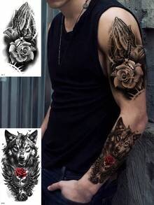 8 miếng dán hình xăm tạm thời cỡ lớn, họa tiết hổ, sư tử, đầu sói và bàn tay Phật phát sáng chân thực, chống thấm nước và mồ hôi, phù hợp với nam giới, có thể che sẹo, tiệc tùng, biểu diễn và mặc hàng ngày - màu đen - Xem 2
