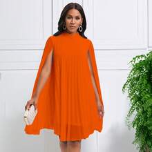 Women's Stand Collar Pleated Cape Sleeve Dress LooseKnee Length Club Dress Summer Solid Color Dress - 紅色 - 查看 5