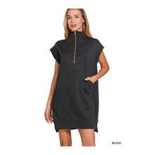 Zenana Textured Knit Jacquard Quarter Zipper Mini Dress - Black - View 2
