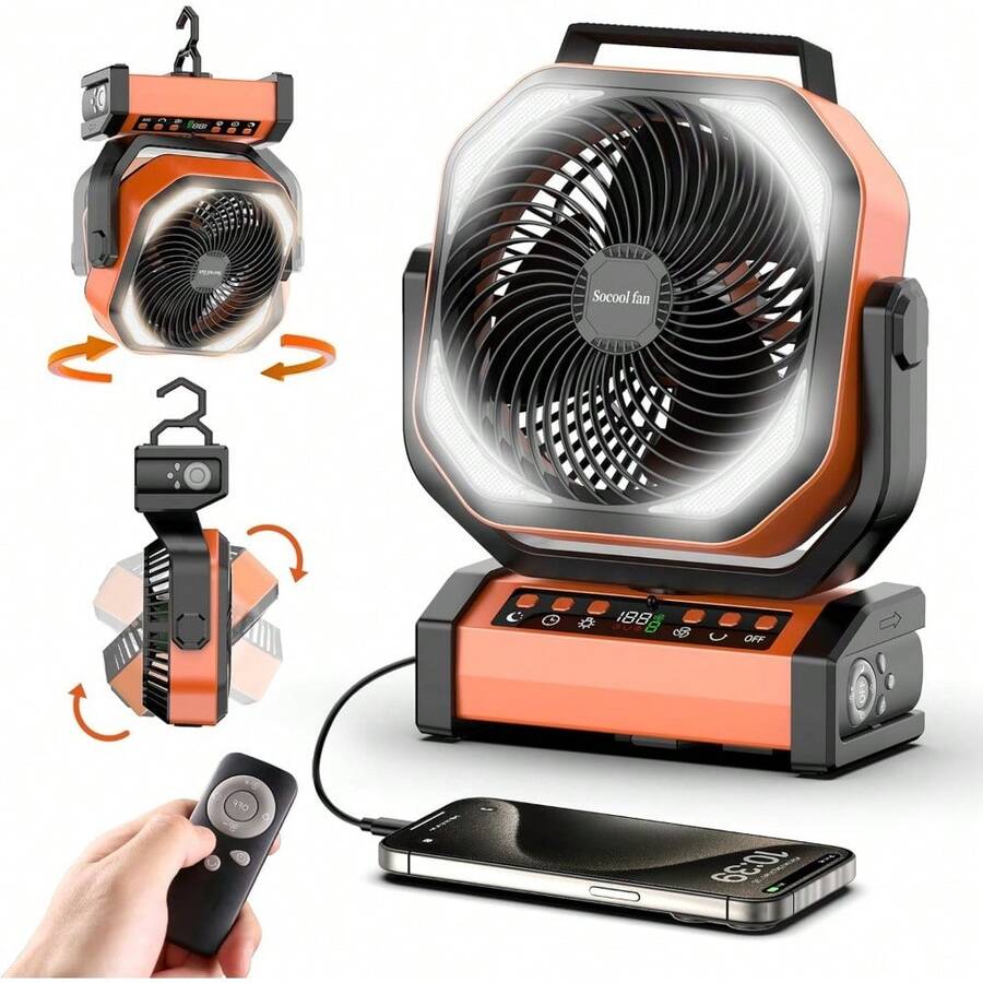 40000mAh Camping Fan Rechargeable, Battery Operated Portable Outdoor Fan Remote, 136Hrs & 4-Speed Cordless Oscillating, Table Fan With Light & Timer For Tent RV Jobsite Hurricane Power Outage - Orange-20000mAh - View 1