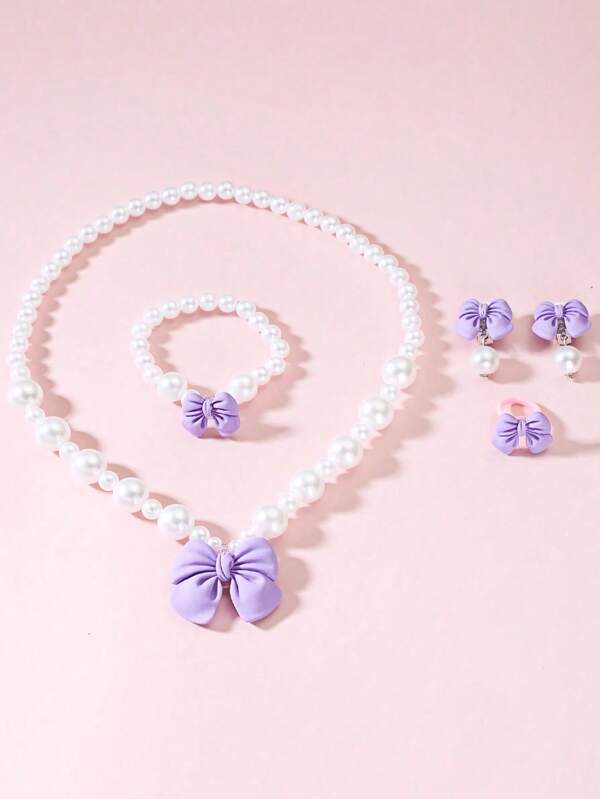 5pcs/Set Kids Cute Bow & Faux Pearl Necklace Bracelet Earrings Ring Jewelry Set, Gift For Girls