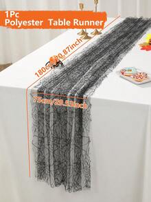 1pc Black Halloween Lace Spider Web Table Runner, Spider Web Pattern Sheer Mesh Tablecloth, Halloween Party Decor, Birthday Decor, Party Decoration, Anniversary Tablecloth - Black - View 5