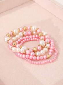 4pcs Set Heart Shaped Beaded Bracelets For Women, Bohemian Fashion Bangle Set