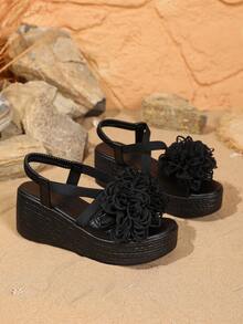 透气、舒适的露趾凉鞋，带有花卉装饰，轻便厚底休闲一脚蹬鞋，适合日常、派对、通勤，适合所有脚型，优雅的女士凉鞋 - 黑色 - 查看 7