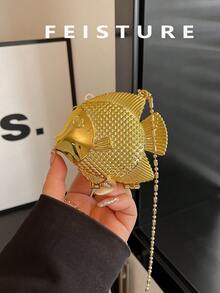 FEISTURE 1pc Gold Fish Mini Party Clutch Bag, Women Personal Fashion Chain Lipstick Purse, Suitable For Valentine's Day, Party, Date, Shoulder/Crossbody Bag, Coin Pouch , Gold Bag - Gold - View 2