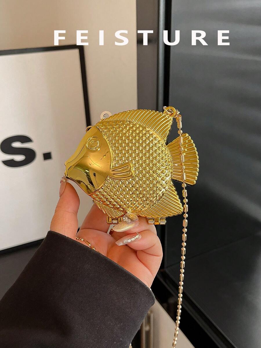 FEISTURE 1pc Gold Fish Mini Party Clutch Bag, Women Personal Fashion Chain Lipstick Purse, Suitable For Valentine's Day, Party, Date, Shoulder/Crossbody Bag, Coin Pouch , Gold Bag