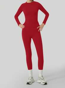 YEIFIN WinterTwo-Piece Set Women's Solid Long Sleeve Tee & Leggings Tracksuit Set, Sporty Round Neck Top & Skinny Pants For Yoga Gym Workout, Spring/Summer Women's Sportswear