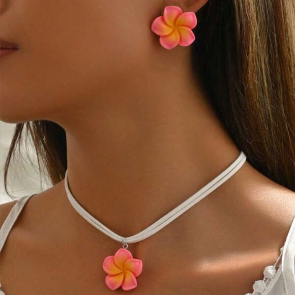 3PCS Minimalist Egg Petal Pendant Necklace & Colorful Flower Earrings Set, Creates Atmosphere For Vacation & Everyday Wear