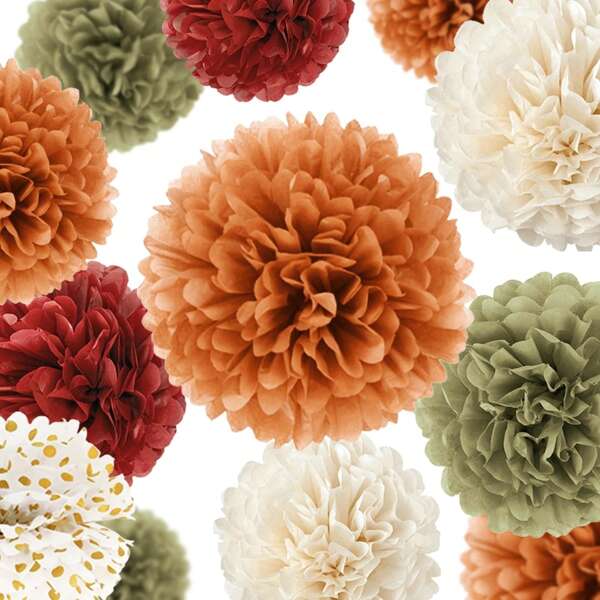 Decorações para festas de outono, 12 peças, abóbora, laranja, bordô, verde-sálvia, marfim, pompons de tecido, decoração de Ação de Graças para casa, casamento, aniversário, suprimentos para festas de colheita de outono