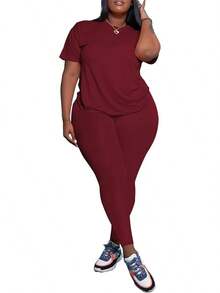 Women's Plus Size 2 Piece Outfits Tracksuits Short Sve Top Pants Sets Sweatsuits - Burgundy - View 3