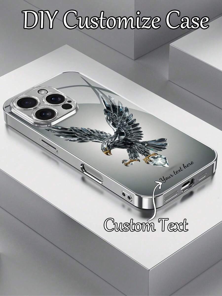 1个可定制个性化文字和奢华水晶老鹰图案钢化玻璃手机壳,兼容 17 Pro Max/17 Air/16 Plus/15/17/13/12/11/XS Max/6/7/8 Plus、S25 Edge/S20/24 Plus/S23 FE/S21 Ultra,时尚高清印刷,送给朋友、同学、女朋友、兄弟、家人的最佳礼物 - 銀色 - 查看 1