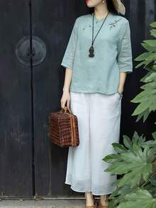 Women's Summer New Stand Collar Oblique Placket Blouse