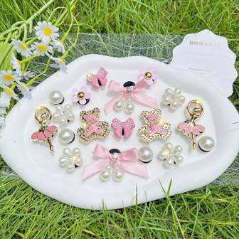 18 件粉色蝴蝶结、小熊和花朵图案装饰，适用于拖鞋、凉鞋、DIY 鞋配件