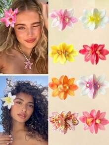 10pcs Random Hawaiian Flower Hair Clips, Artificial Flower Hair Clips For Women, Including Hibiscus, Lotus, Rose, Tulip, Suitable For Holiday Beach Parties, Summer Tropical Flower Hair Accessories, Girls Festival Gifts, Bohemian Style, Fashion Accessories, 8pcs Value Pack, Sturdy And Won't Fall Off, Suitable For Women And Girls, Flat Claw Clips - Multicolor - View 9