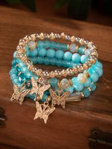 4pcs/Set Bohemian Style Multilayered Gem Butterfly Pendant Asymmetrical Beaded Bracelet Set Suitable For Daily Wear - Time Gem Butterfly Bracelet - View 7