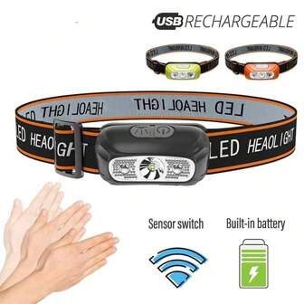 1pc Ultra-Lightweight Portable Sensor Headlamp, Motion Sensor Mini Headlight, Waterproof Super Bright Camping USB Rechargeable Headlamp With Built-In Battery