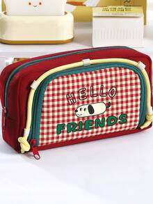 1pc Cute Cartoon Dog Pencil Bag Pen Case, Retro Plaid Pattern Large Capacity Storage Pouch For Stationery Student Back To School - Multicolor - View 13