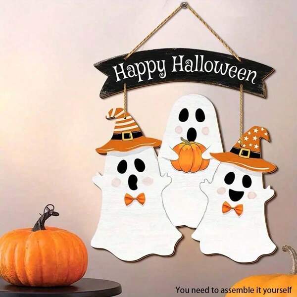 1 Pc Halloween Ghost Wooden Wall Hanging Sign, Suitable For Home Halloween Party Decoration