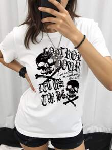 Camiseta de manga corta estilo vintage punk rock, estampado de calavera y huesos, prenda de calle americana de los años 2000 (Y2K) para primavera y verano