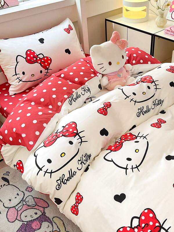 Sanrio Juego de funda nórdica estampada con Sanrio Hello Kitty de 2/3 piezas, estilo de dibujos animados moderno, adecuado para estudiantes, dormitorio, habitación, cama individual, cama doble, todos los tamaños, todas las estaciones
