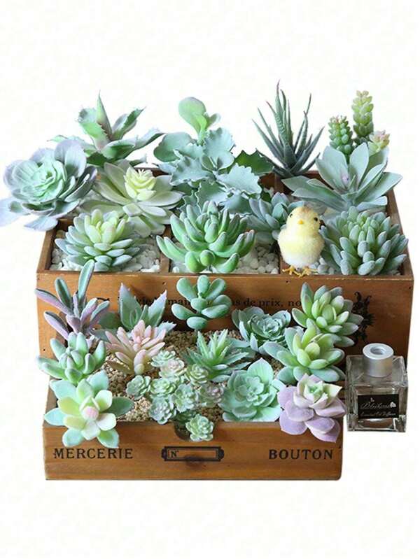 10pcs-Artificial Succulent Plant Pot, Rectangular WoodFlower Pot Decoration, Table Center Decoration,Artificial Succulent Plants -Premium Fake Plants-Double Flocked Succulents -Realistic Textured Cactus -Face Succulent Plants -Mini Faux Succulents -Face PlantDecor WindowsilGreen Plant Decoration