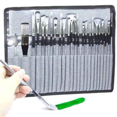 1 套 24 支尼龙画笔，装在灰色布袋中，多功能适用于水彩丙烯油画学校用品，返校