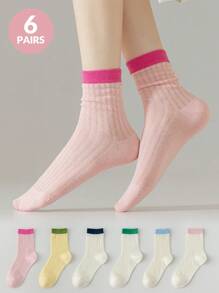 6 Pairs Of Colorful Women's Socks, Hollow Out Design, Simple Striped Women Crew Socks, Daily Casual Out Wear