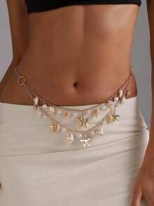 Summer Sexy Beach Body Chain Necklace With Shell And Starfish Pendants, Multi-Layer Waist Chain For Casual/Beach Outfits