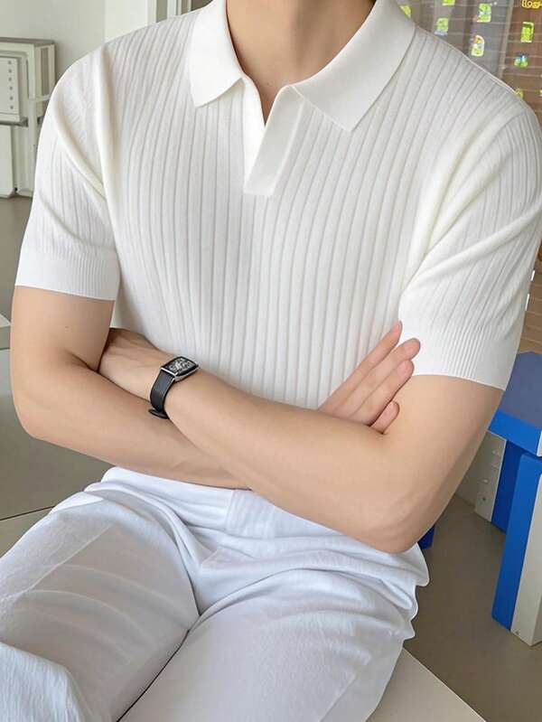 Suéter tipo polo de punto con cuello vuelto estriado de moda para hombres