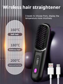 PinkSings Cordless Hair Straightener Brush With LCD Display Temperature Adjustable, Portable Mini Straightening Brush For Travel, Negative Ion Hot Comb For Women Styling Hair Styler, Anti-Scald, Ceramic Coating