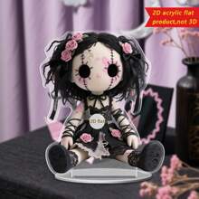 1 pieza Muñeca gótica plana y linda de acrílico para decoración de escritorio, diseño [plano 2D] único con cabello rosa, calavera blanca, rosa negra y atuendo delicado, adecuado para Halloween, bar, cafetería o regalo a amigos