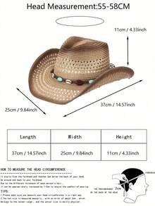 1Pcs Unisex Bead Decor Dyeing Wide Brim Printed Cowgirl Hat Summer Travel Shade Cowboy Hat Hollow Out Breathable With Beaded Trim Band Hand Woven Beach Hat Sun Hat Straw Hat - 卡其色 - 查看 4