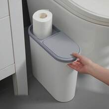 Slim Bathroom Trash Can With Lid, 10L/2.64Gal Capacity, Creative Narrow Space Waste Bin, Press Type Garbage Basket, Durable Material, Ideal For Home Use, Home Essentials Pet-Proof Design Container Bin With Press Top Lid, For Kitchen, Bathroom, Living Room, Office, Narrow Place Caravans - Light Grey Flip-top trash can - 查看 5