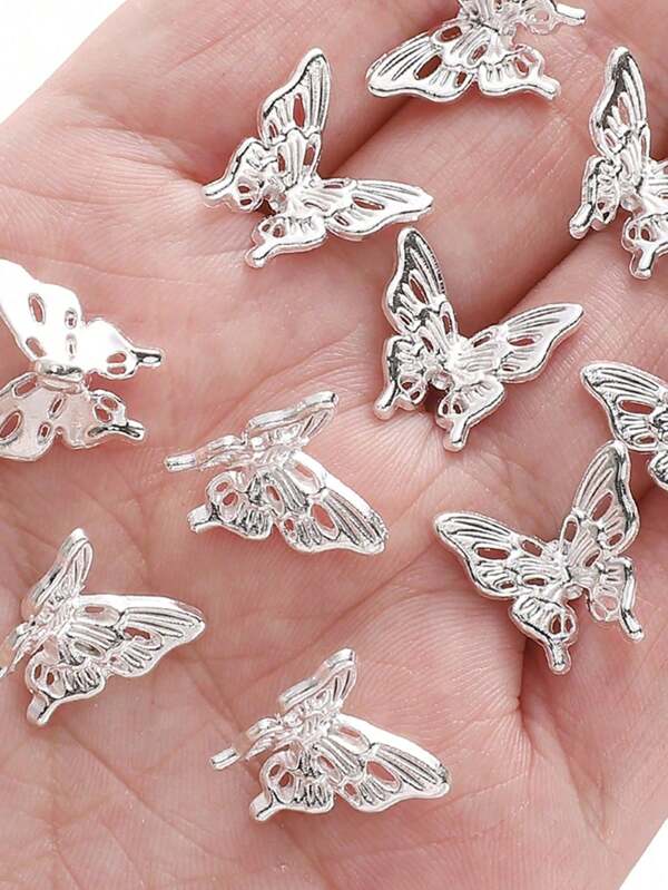 50pcs Charm 3D Butterfly Flower Decorative Beads, Cubic Spaced Beads Zinc Alloy Silvery, DIY Jewelry Making Accessories, Used For Necklaces, Bracelets, Earrings, Valentine'S Day Gift Making