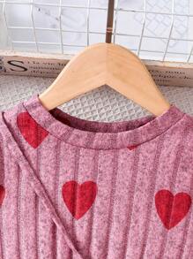 2Pcs Girls Dresses Set, Ribbed Knit Belted Heart Print Long Sleeve Dress + Matching Shoulder Bag, Comfortable & Skin-Friendly Outfit For Girls Everyday Wear, Fashionable & Active, Feminine Style