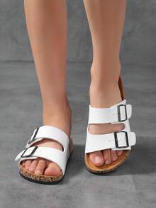 Women's Checkered Pattern Flatform Slide Sandals For Women Summer Slippers Fashionable Double Buckle Decor With Comfortable Suede Nature Cork Footbed Color Block Slipper - White - View 5