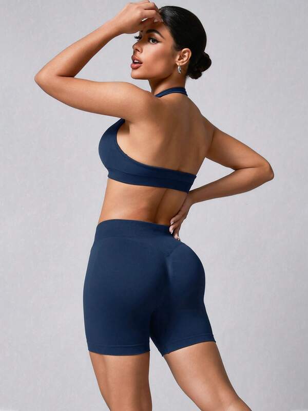 NcmRyu Conjunto deportivo de sujetador con relleno y shorts elásticos sin costuras para mujer, con cuello halter y espalda descubierta